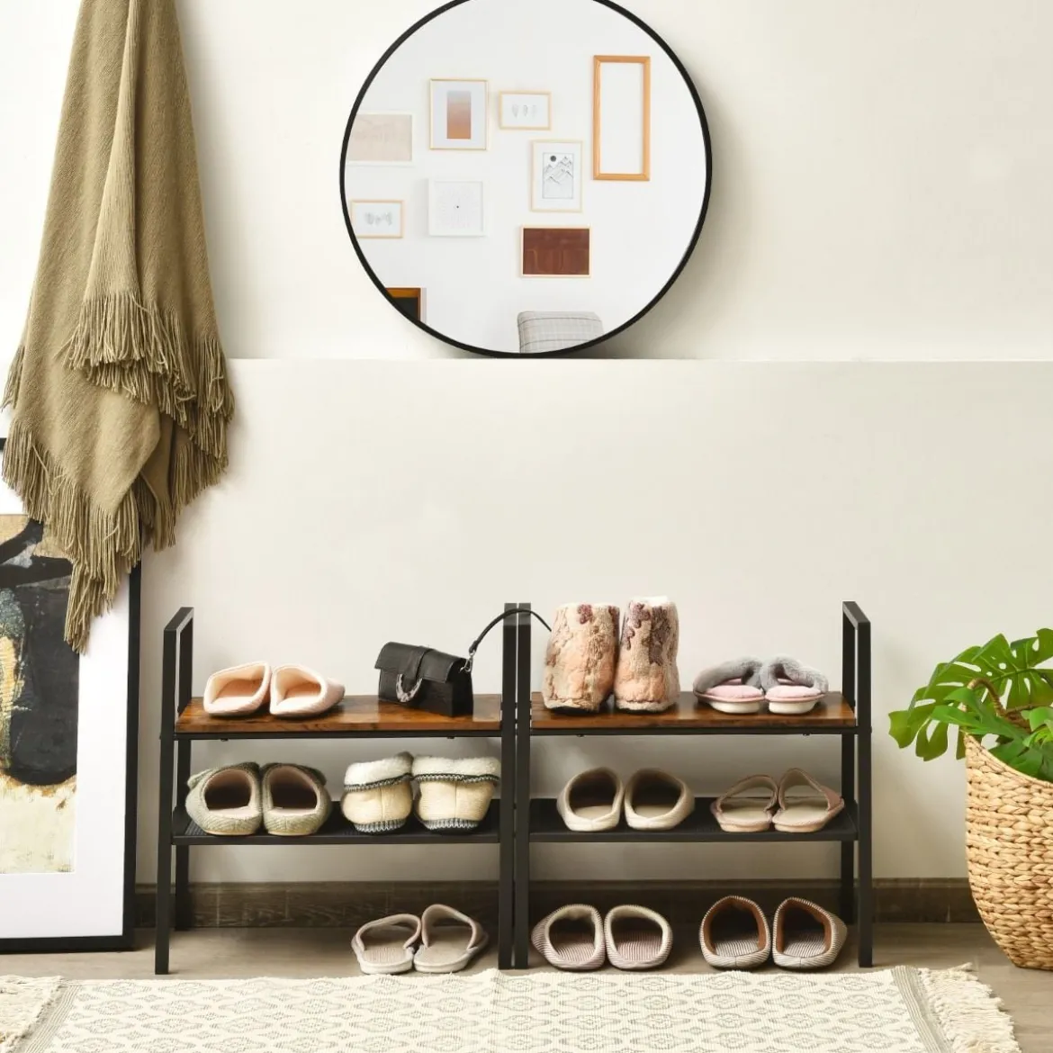 2-Stöckiges Stapelbares Schuhregal aus Holz- & Metall 54 x 32 x 52 cm Braun + Schwarz