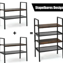 2-Stöckiges Stapelbares Schuhregal aus Holz- & Metall 54 x 32 x 52 cm Braun + Schwarz