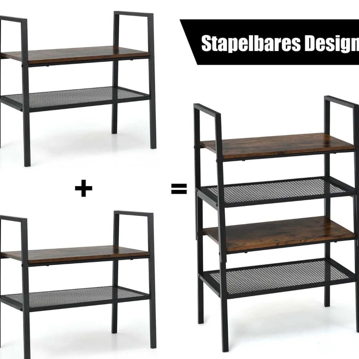 2-Stöckiges Stapelbares Schuhregal aus Holz- & Metall 54 x 32 x 52 cm Braun + Schwarz