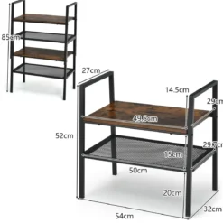 2-Stöckiges Stapelbares Schuhregal aus Holz- & Metall 54 x 32 x 52 cm Braun + Schwarz