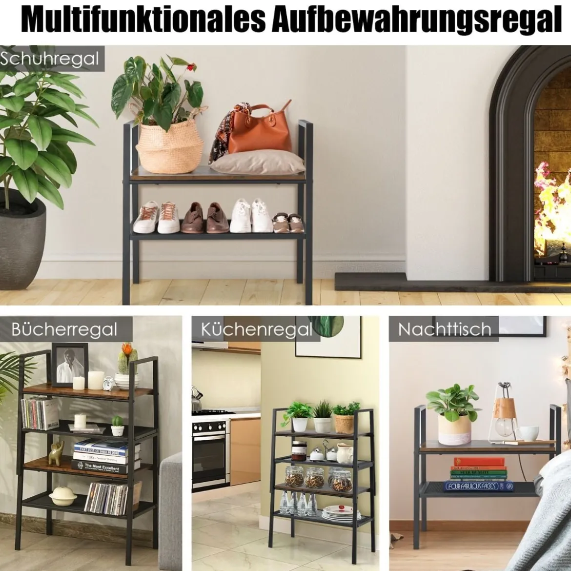 2-Stöckiges Stapelbares Schuhregal aus Holz- & Metall 54 x 32 x 52 cm Braun + Schwarz