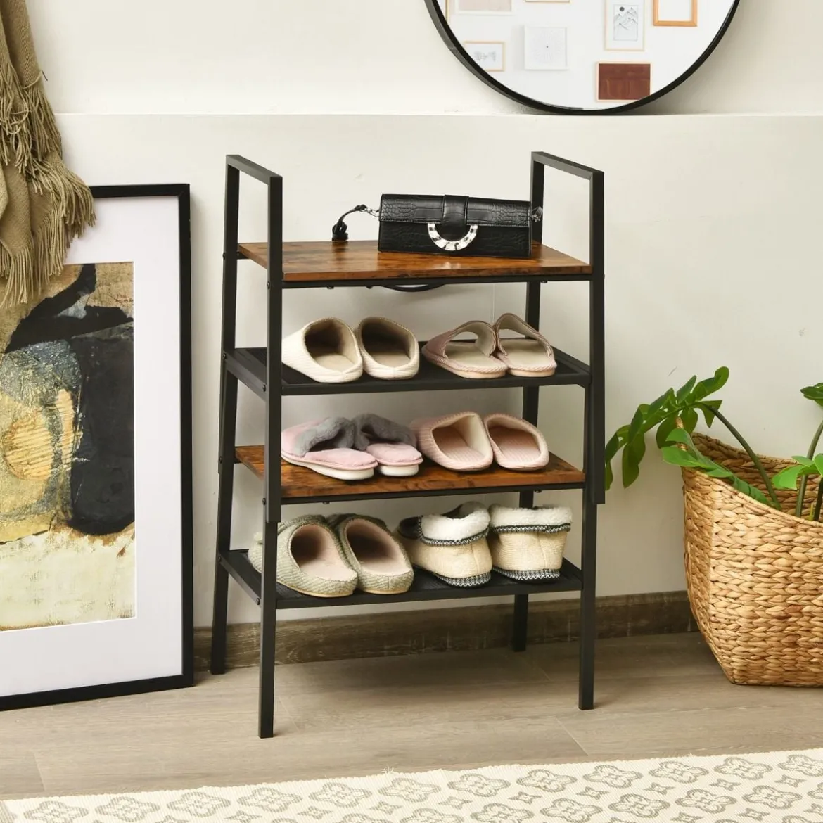 2-Stöckiges Stapelbares Schuhregal aus Holz- & Metall 54 x 32 x 52 cm Braun + Schwarz