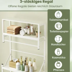 3-stöckiges Toilettenregal platzsparendes Badezimmerregal über die Toilette 64 x 24 x 162 cm Weiß