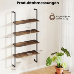4-stöckiges Wandregal Industriell schwebendes Aufbewahrungs-Display mit Metallrahmen Braun