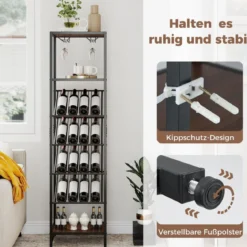 7-stöckiges Weinregal Flaschenregal mit Kippschutz Weinständer mit 2 Reihen Glashaltern & offenen Regalen Schwarz