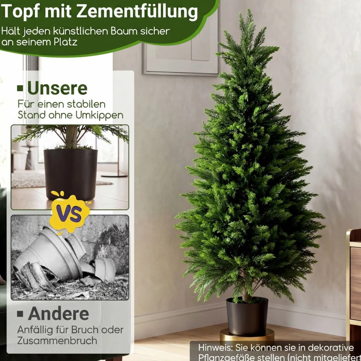 2 Stück Künstliche Zedernbäume 120 cm Kunstpflanze im Topf Realistische Dekopflanze mit PE-Stamm