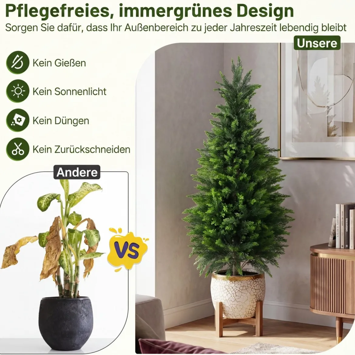 2 Stück Künstliche Zedernbäume 120 cm Kunstpflanze im Topf Realistische Dekopflanze mit PE-Stamm