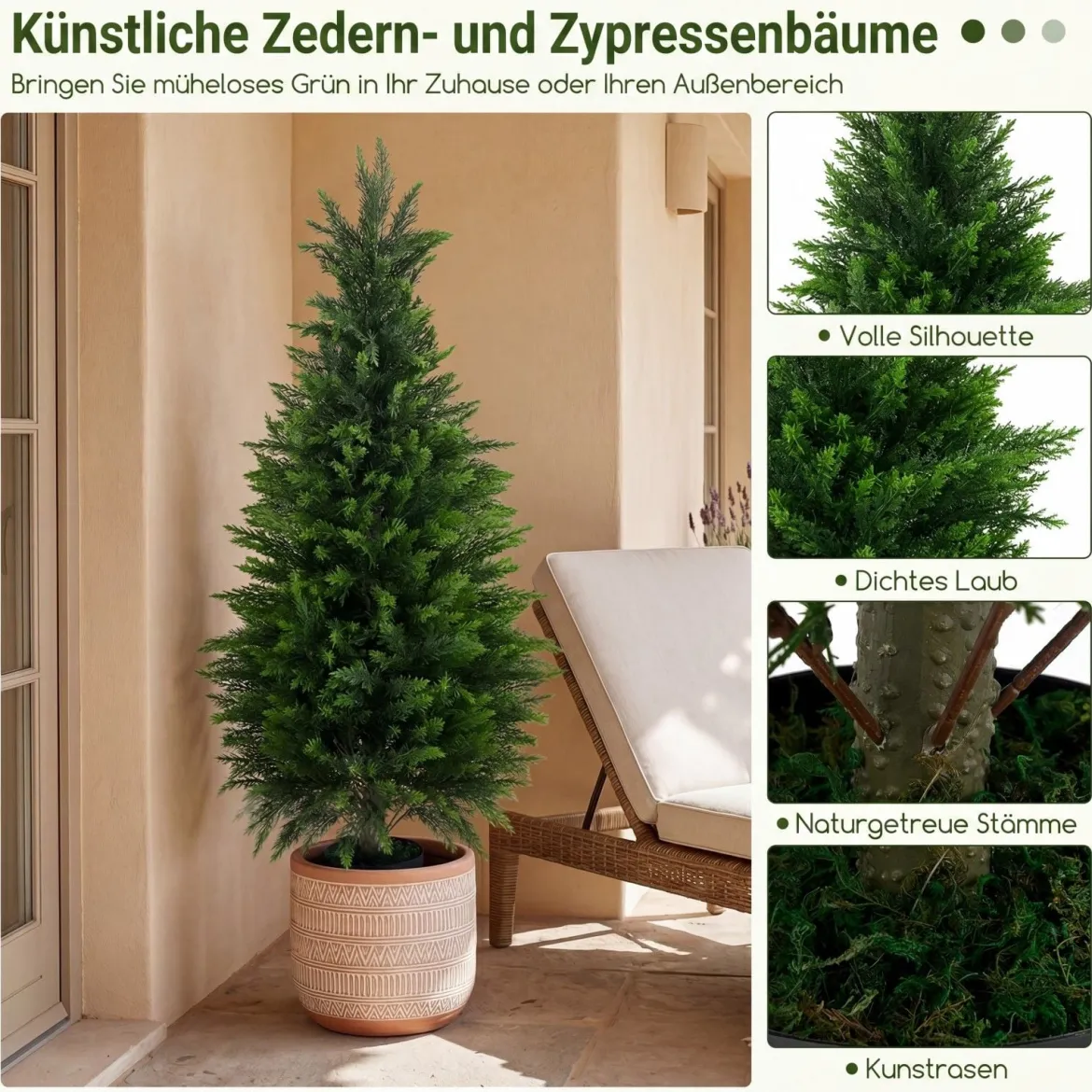 2 Stück Künstliche Zedernbäume 120 cm Kunstpflanze im Topf Realistische Dekopflanze mit PE-Stamm