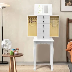 Stehender Schmuckschrank mit Aufklappbarem Spiegel & 4 Schubladen 8 Halskettenhaken & 2 Regalen Weiß