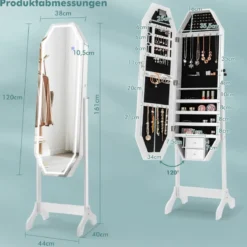 Stehender Schmuckschrank mit LED-Spiegel in Voller Länge 44 x 40 x 161 cm Weiß