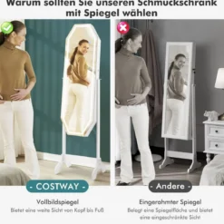 Stehender Schmuckschrank mit LED-Spiegel in Voller Länge 44 x 40 x 161 cm Weiß
