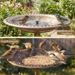 Stehend Vogeltränke Vogelfutterstation mit Solarbrunnen Retro FutterstationVogelfutterspender Bronze