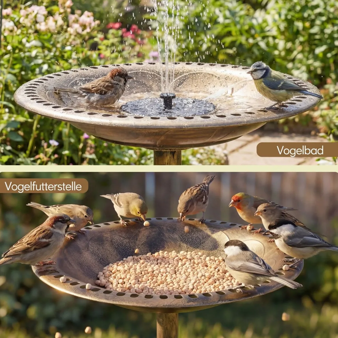 Stehend Vogeltränke Vogelfutterstation mit Solarbrunnen Retro FutterstationVogelfutterspender Bronze
