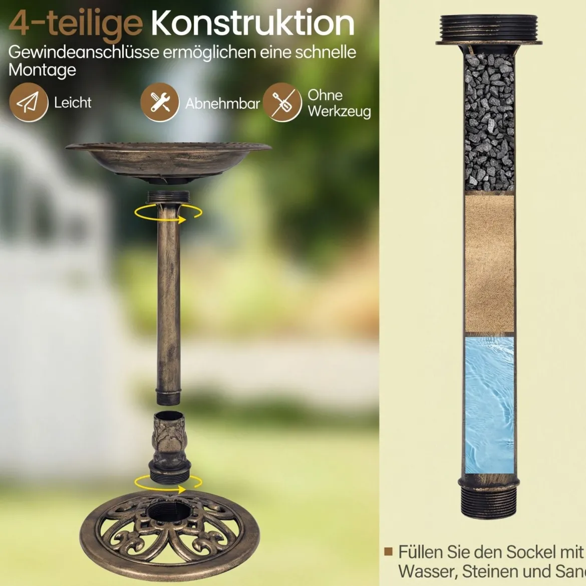 Stehend Vogeltränke Vogelfutterstation mit Solarbrunnen Retro FutterstationVogelfutterspender Bronze