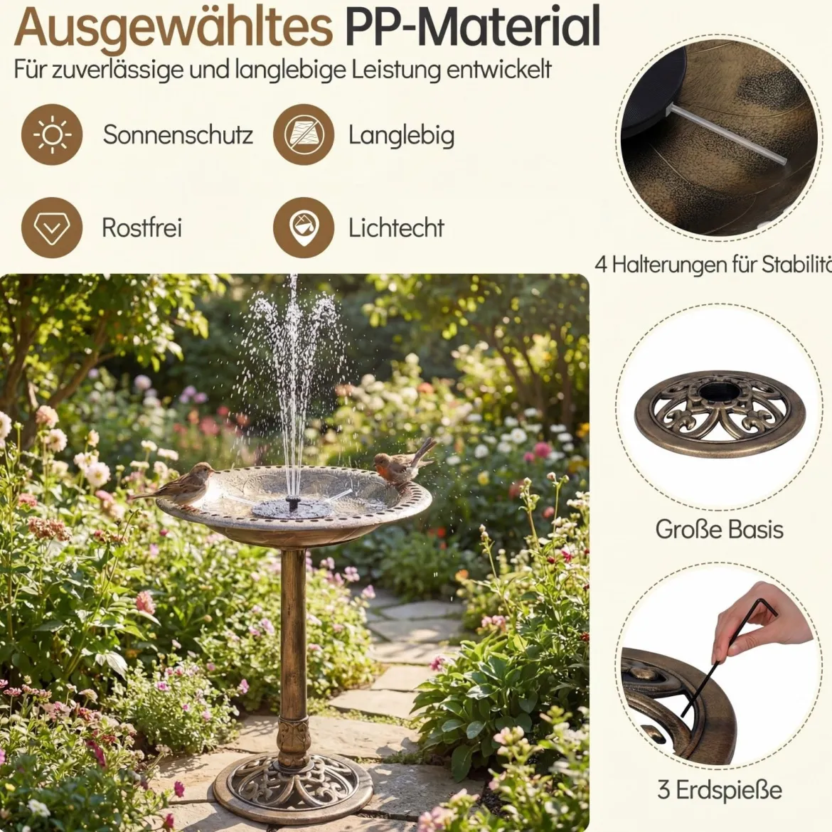 Stehend Vogeltränke Vogelfutterstation mit Solarbrunnen Retro FutterstationVogelfutterspender Bronze