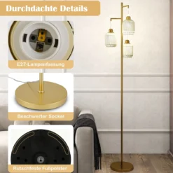 Stehlampe 173 cm Leselampe mit 3 E27 Fassungen & Fußschalter Stehleuchte Modern Schwarz/Gold