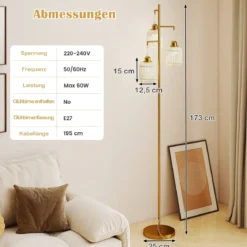 Stehlampe 173 cm Leselampe mit 3 E27 Fassungen & Fußschalter Stehleuchte Modern Schwarz/Gold