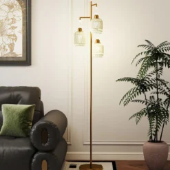 Stehlampe 173 cm Leselampe mit 3 E27 Fassungen & Fußschalter Stehleuchte Modern Schwarz/Gold