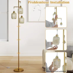 Stehlampe 173 cm Leselampe mit 3 E27 Fassungen & Fußschalter Stehleuchte Modern Schwarz/Gold