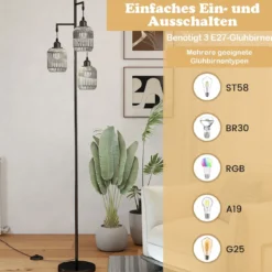 Stehlampe 173 cm Leselampe mit 3 E27 Fassungen & Fußschalter Stehleuchte Modern Schwarz/Gold