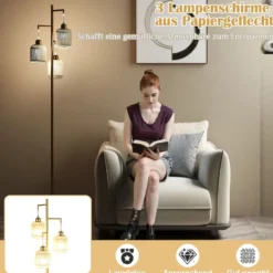 Stehlampe 173 cm Leselampe mit 3 E27 Fassungen & Fußschalter Stehleuchte Modern Schwarz/Gold