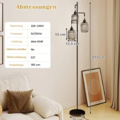 Stehlampe 173 cm Leselampe mit 3 E27 Fassungen & Fußschalter Stehleuchte Modern Schwarz/Gold