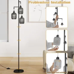 Stehlampe 173 cm Leselampe mit 3 E27 Fassungen & Fußschalter Stehleuchte Modern Schwarz/Gold