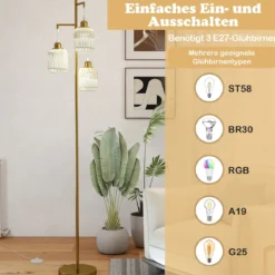 Stehlampe 173 cm Leselampe mit 3 E27 Fassungen & Fußschalter Stehleuchte Modern Schwarz/Gold