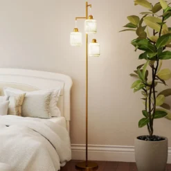 Stehlampe 173 cm Leselampe mit 3 E27 Fassungen & Fußschalter Stehleuchte Modern Schwarz/Gold