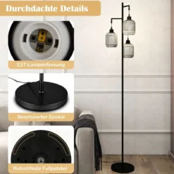 Stehlampe 173 cm Leselampe mit 3 E27 Fassungen & Fußschalter Stehleuchte Modern Schwarz/Gold