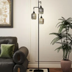 Stehlampe 173 cm Leselampe mit 3 E27 Fassungen & Fußschalter Stehleuchte Modern Schwarz/Gold