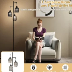 Stehlampe 173 cm Leselampe mit 3 E27 Fassungen & Fußschalter Stehleuchte Modern Schwarz/Gold