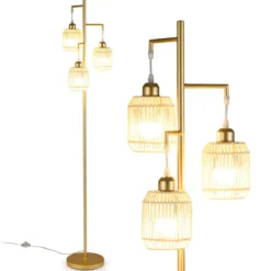 Stehlampe 173 cm Leselampe mit 3 E27 Fassungen & Fußschalter Stehleuchte Modern Schwarz/Gold