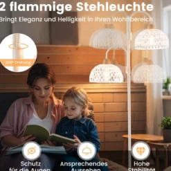 Stehlampe mit 2 Lichtern & Fußschalter 350° Drehbare Baumlampe Gewebten Lampenschirmen