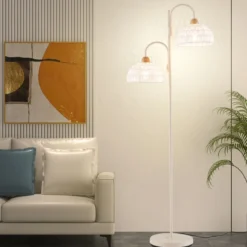 Stehlampe mit 2 Lichtern & Fußschalter 350° Drehbare Baumlampe Gewebten Lampenschirmen
