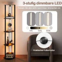 Stehlampe mit Regalen & 4 Drehbaren LED-Streifen & Fußschalter Stehleuchte Ablageregal