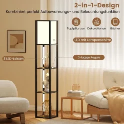 Stehlampe mit Regalen & Fußschalter & 3-stufig Einstellbaren LED-Streifen Holz Regallampe