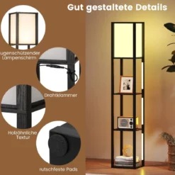Stehlampe mit Regalen & Fußschalter & 3-stufig Einstellbaren LED-Streifen Holz Regallampe