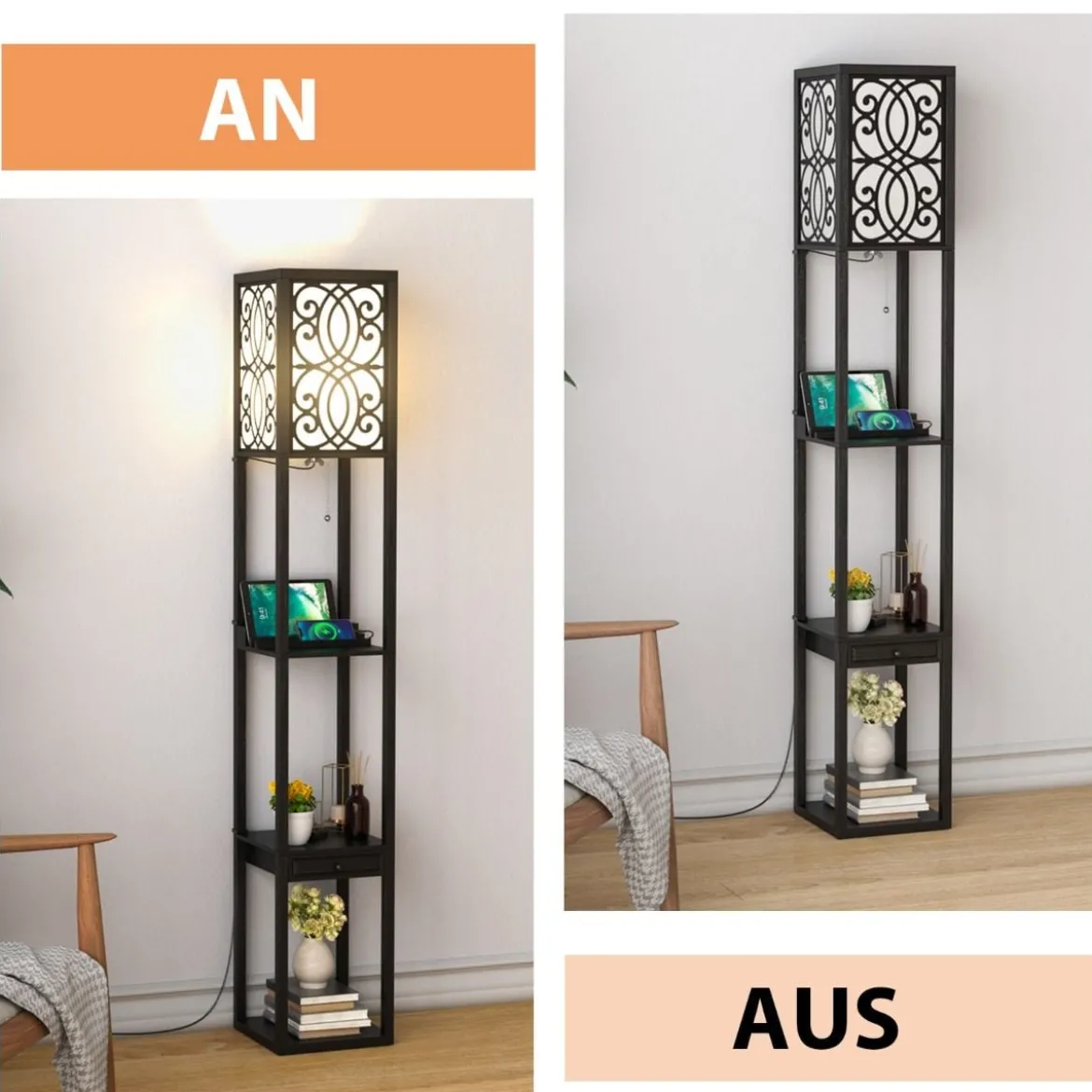 Stehlampe mit Regalen und Schublade für Wohnzimmer Schlafzimmer 26 x 26 x 160,5 cm Schwarz