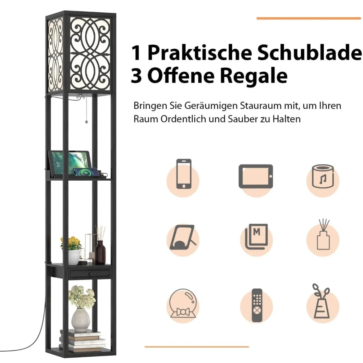 Stehlampe mit Regalen und Schublade für Wohnzimmer Schlafzimmer 26 x 26 x 160,5 cm Schwarz