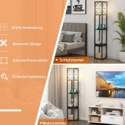 Stehlampe mit Regalen und Schublade für Wohnzimmer Schlafzimmer 26 x 26 x 160,5 cm Schwarz