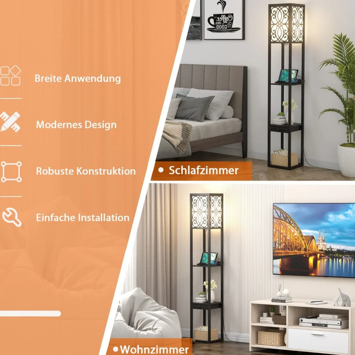 Stehlampe mit Regalen und Schublade für Wohnzimmer Schlafzimmer 26 x 26 x 160,5 cm Schwarz