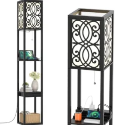 Stehlampe mit Regalen und Schublade für Wohnzimmer Schlafzimmer 26 x 26 x 160,5 cm Schwarz
