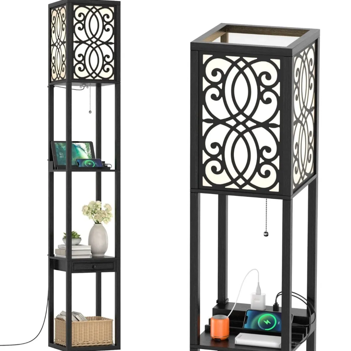 Stehlampe mit Regalen und Schublade für Wohnzimmer Schlafzimmer 26 x 26 x 160,5 cm Schwarz