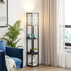 Stehlampe mit Regalen und Schublade für Wohnzimmer Schlafzimmer 26 x 26 x 160,5 cm Schwarz