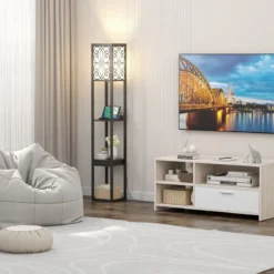 Stehlampe mit Regalen und Schublade für Wohnzimmer Schlafzimmer 26 x 26 x 160,5 cm Schwarz