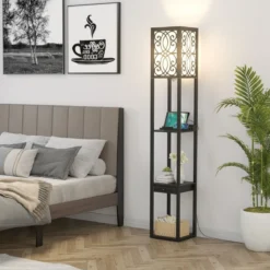 Stehlampe mit Regalen und Schublade für Wohnzimmer Schlafzimmer 26 x 26 x 160,5 cm Schwarz
