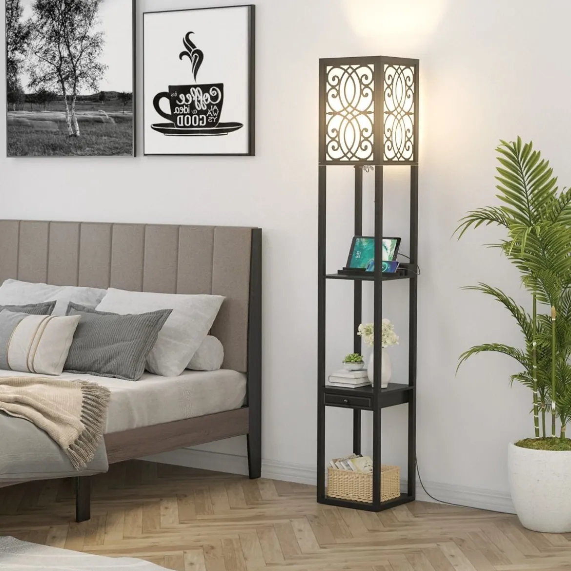 Stehlampe mit Regalen und Schublade für Wohnzimmer Schlafzimmer 26 x 26 x 160,5 cm Schwarz