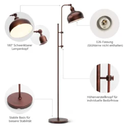 Stehlampe mit Verstellbarer Höhe & Lampenkopf & Metallrahmen Leselampe Standlampe