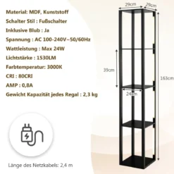 Stehlampe Modernes Beleuchtetes Ablageregal 29 x 29 x 163 cm Schwarz